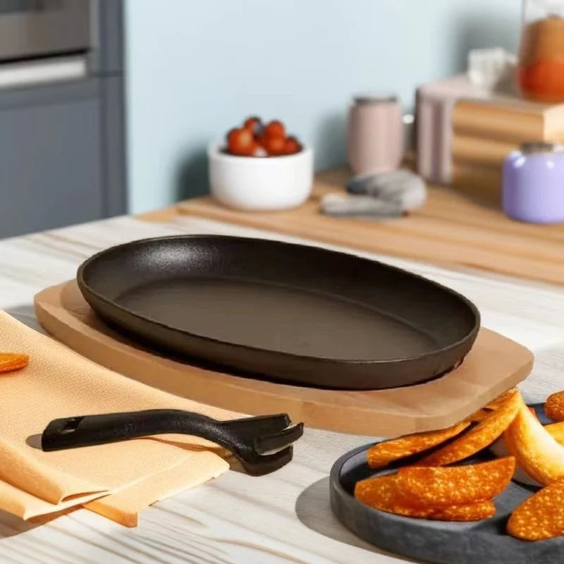 JUSTINLAU Thickened Cast Iron Oval Steak Frying Pan with Wooden Tray& Iron Claw for Home Grilled Fish and Outdoor Grilling Tool