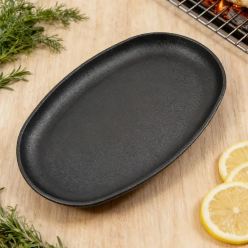 JUSTINLAU Thickened Cast Iron Oval Steak Frying Pan with Wooden Tray& Iron Claw for Home Grilled Fish and Outdoor Grilling Tool