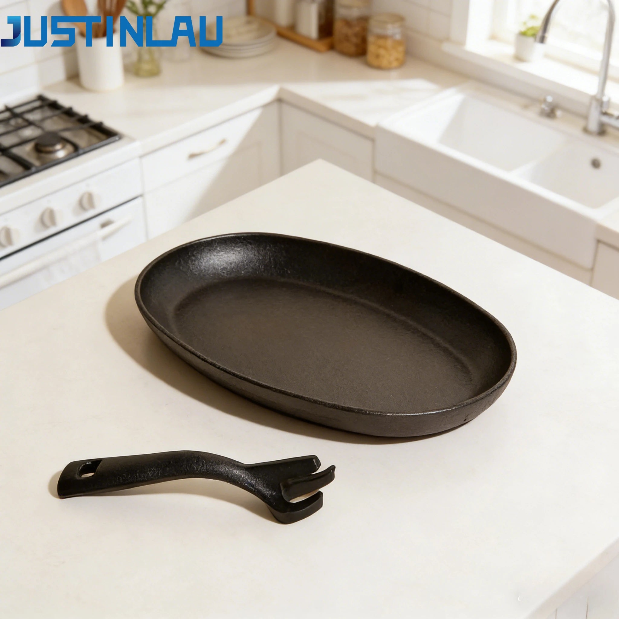 JUSTINLAU Thickened Cast Iron Oval Steak Frying Pan with Wooden Tray& Iron Claw for Home Grilled Fish and Outdoor Grilling Tool
